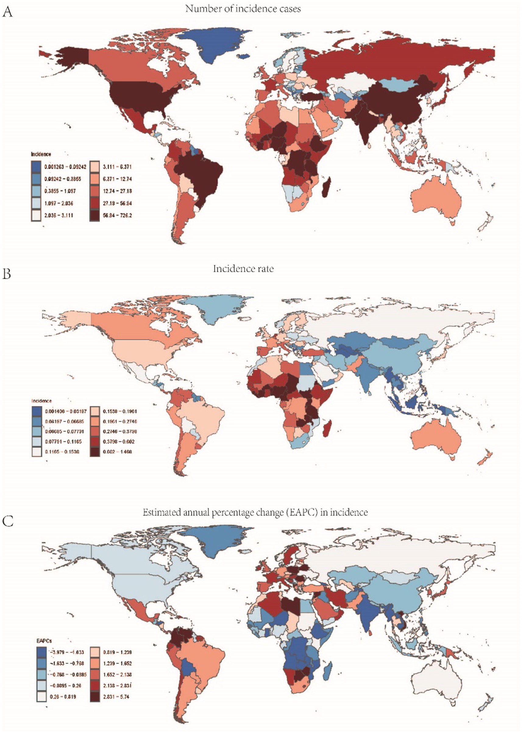 Three world maps display 2021 childhood Burkitt lymphoma data. Map A uses color shading to show the number of incidence cases by region. Map B visualizes incidence rates per 100,000 population with a gradient color key. Map C highlights estimated annual percentage change (EAPC) in incidence, with a color-coded legend indicating variation magnitude across regions.