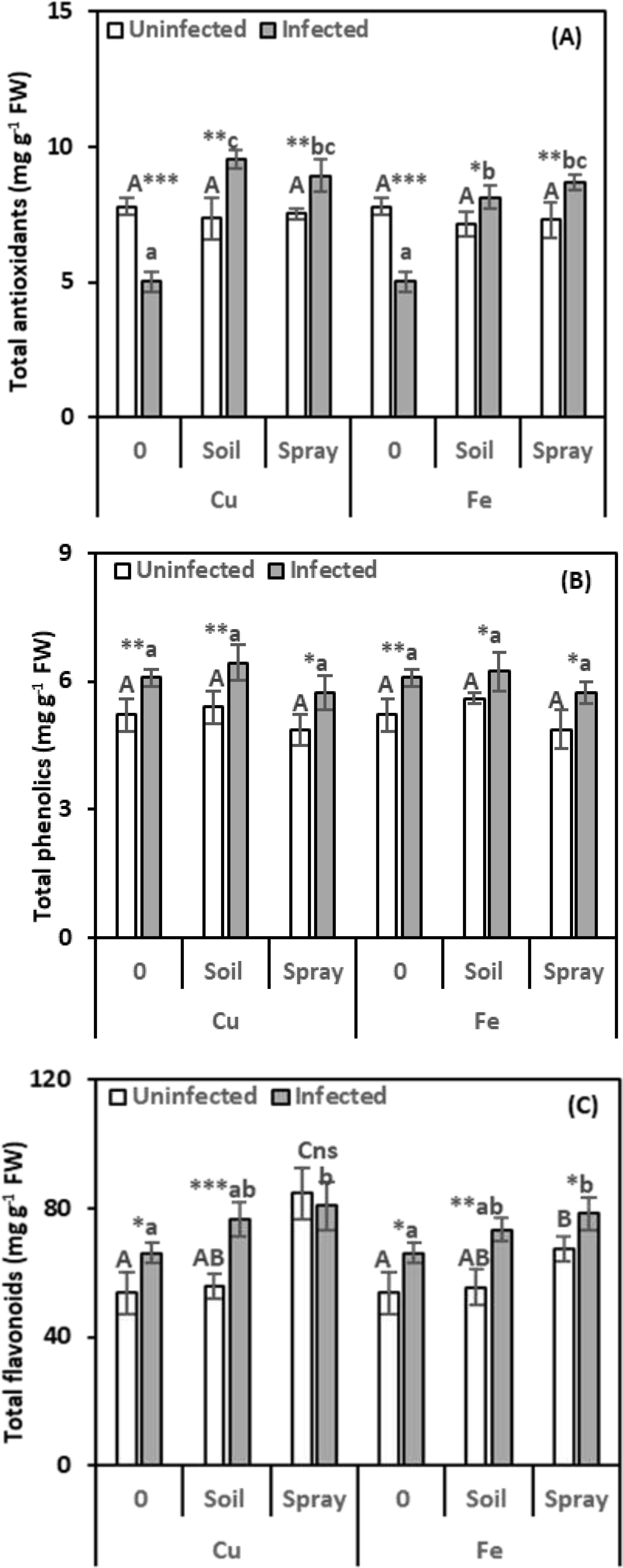 Bar charts labeled A, B, and C compare total antioxidants, phenolics, and flavonoids in uninfected and infected samples. Each chart shows results for Cu and Fe treatments with categories: zero, soil, and spray. Uninfected bars are white; infected bars are gray.
