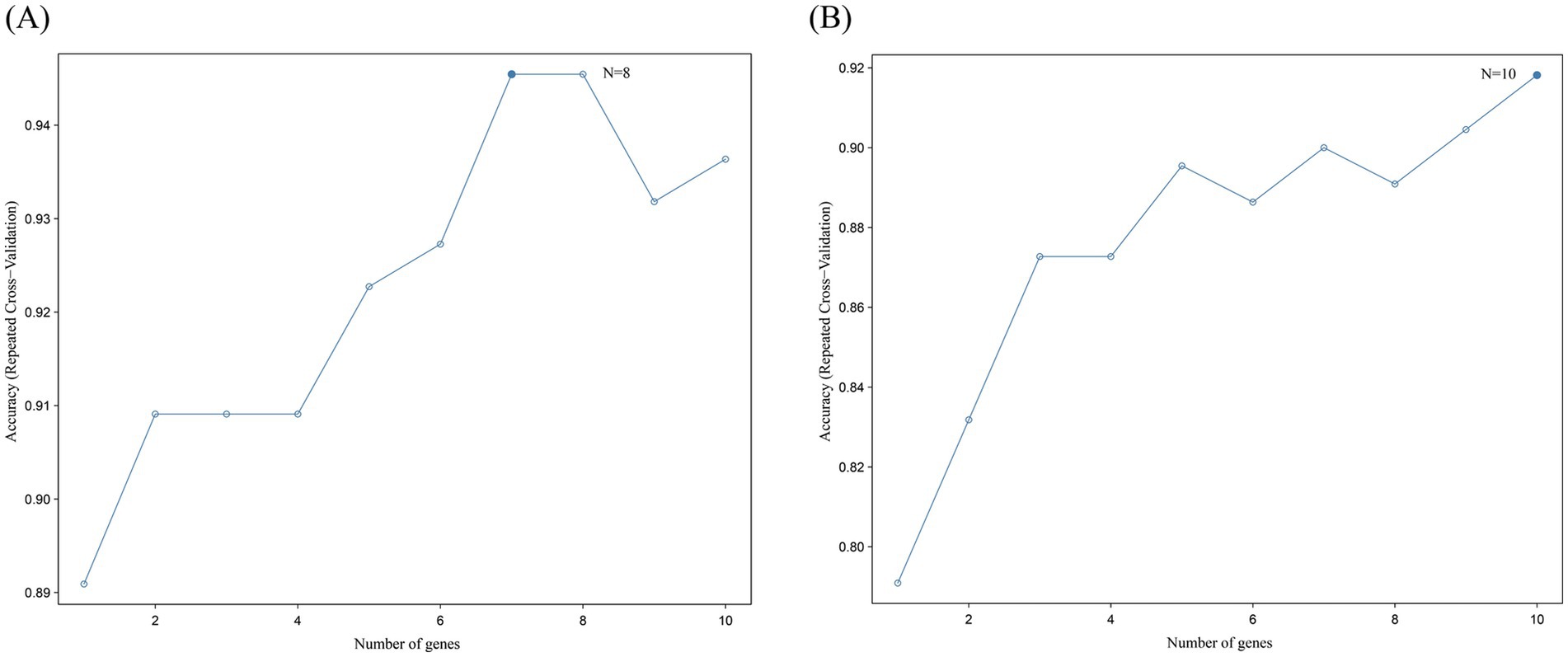 Two line graphs labeled (A) and (B) display the relationship between the number of genes and accuracy using repeated cross-validation. Graph (A) shows accuracy increasing with fluctuations, peaking at eight genes with 0.935 accuracy. Graph (B) presents a consistent accuracy increase, reaching 0.905 at ten genes.
