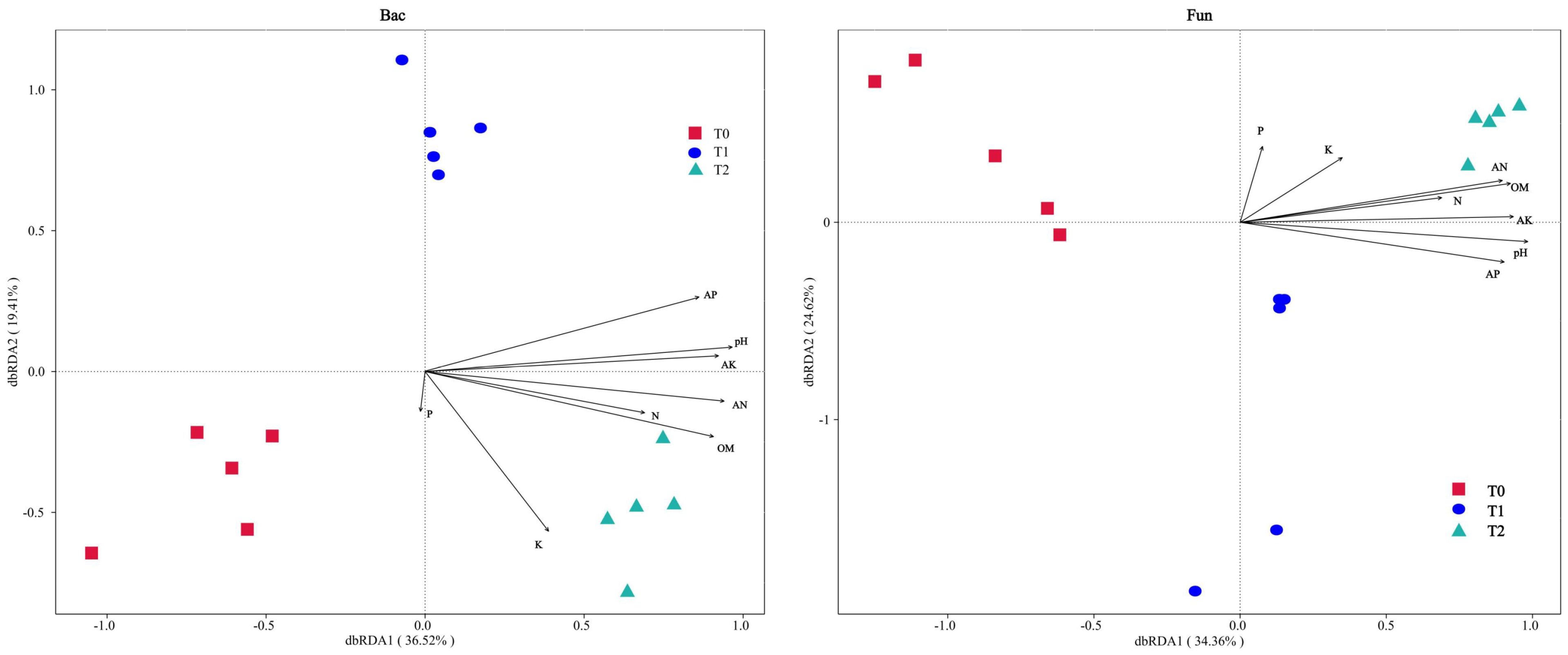 Left and right panels show distance-based redundancy analysis (dbRDA) plots for bacterial (Bac) and fungal (Fun) communities, respectively. The plots use symbols to represent three time points: squares (T0), circles (T1), and triangles (T2). Environmental vectors (e.g., AP, pH, AK) indicate influence on community composition. Percentage values on axes denote explained variation.