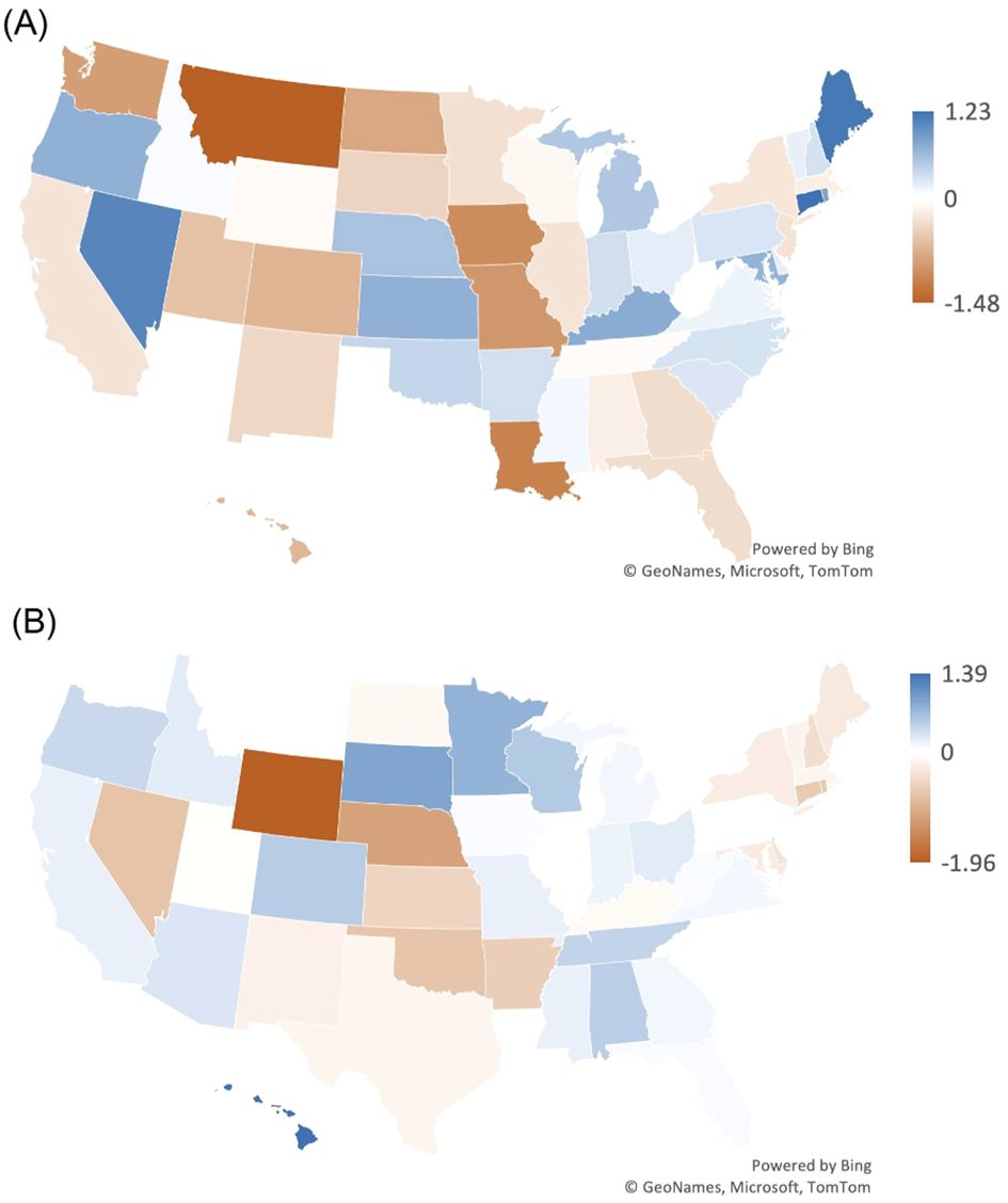 Two U.S. maps labeled A and B show data varying by state using color gradients. Map A ranges from -1.48 to 1.23, while Map B from -1.96 to 1.39, with blue indicating lower values and brown indicating higher values. The colors represent statistical differences across the states.