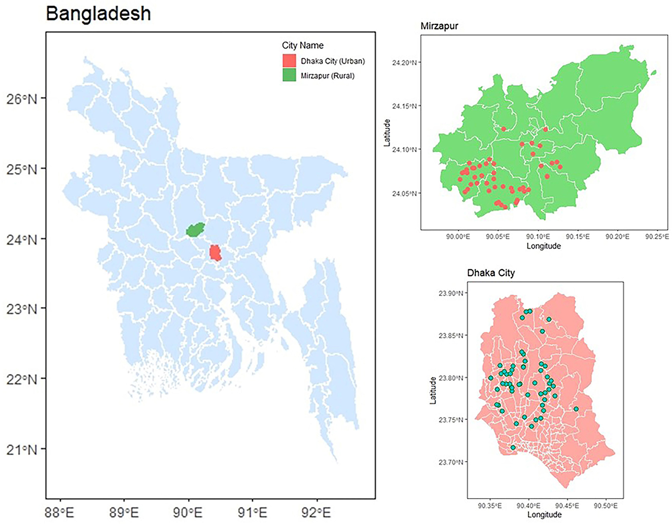 Map of Bangladesh with two highlighted regions: Dhaka City (red) and Mirzapur (green). Insets show detailed maps of each area, with Dhaka City marked by green dots and Mirzapur by red dots, indicating specific locations.
