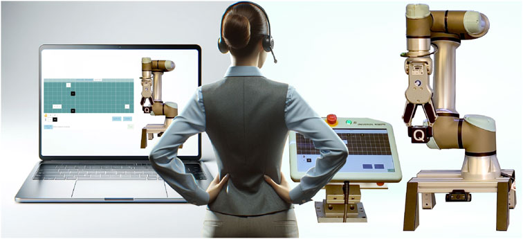 A person wearing a headset stands with hands on hips, facing a laptop displaying a robot arm control interface. Beside them, a robotic arm labeled