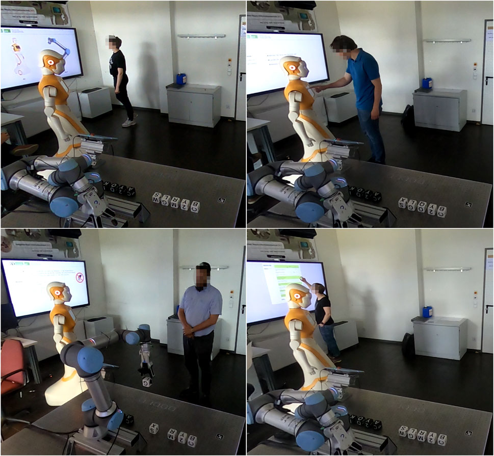 People interacting with a humanoid robot in a room. The top left image shows a person standing near the robot and a screen displaying a diagram. The top right image shows another person pointing at the screen. The bottom left captures a person facing the robot, while the bottom right shows someone gesturing towards the screen. A robotic arm is visible in the foreground of each image.