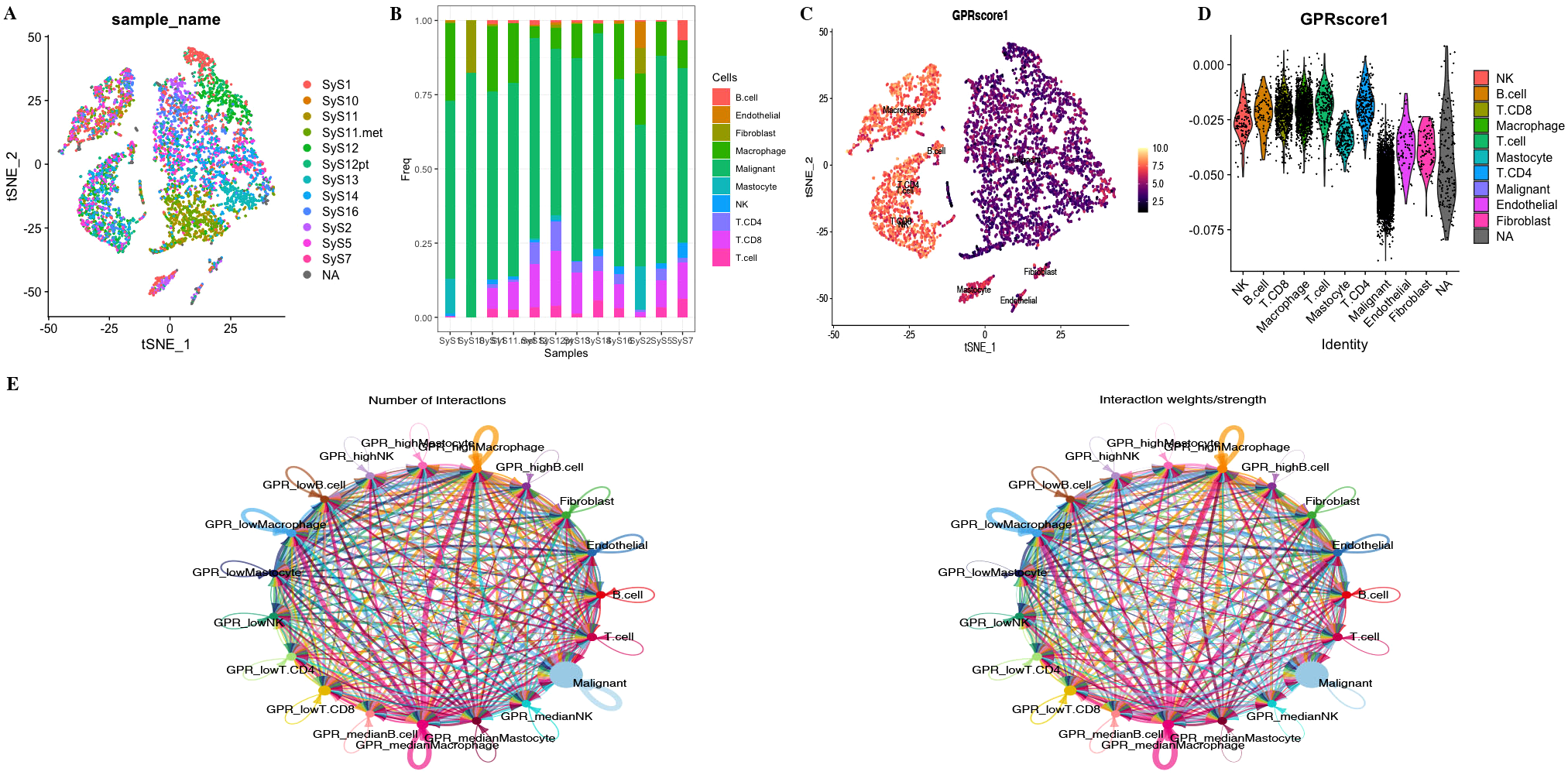 Panel A shows a t-SNE plot of samples labeled by sample names in various colors. Panel B presents a stacked bar chart depicting cell type frequencies across different samples. Panel C is a t-SNE plot labeled with cell identities and colored by GPRscore1. Panel D features violin plots illustrating GPRscore1 across cell identities. Panel E displays two network diagrams, one for the number of interactions and another for interaction weights/strengths among different cell types, with complex colored interconnections.