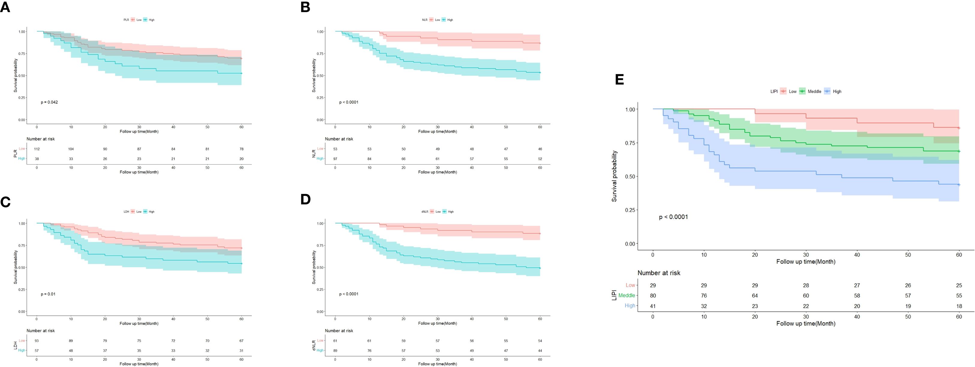 Five Kaplan-Meier survival curves (A to E) show survival probabilities over follow-up time. Charts display survival for different risk groups: PLR, NLR, LNR, dNLR, and LIPI. Shaded areas represent confidence intervals, and significance values are noted. Panel E compares three groups: Low, Meddle, and High-risk for LIPI.