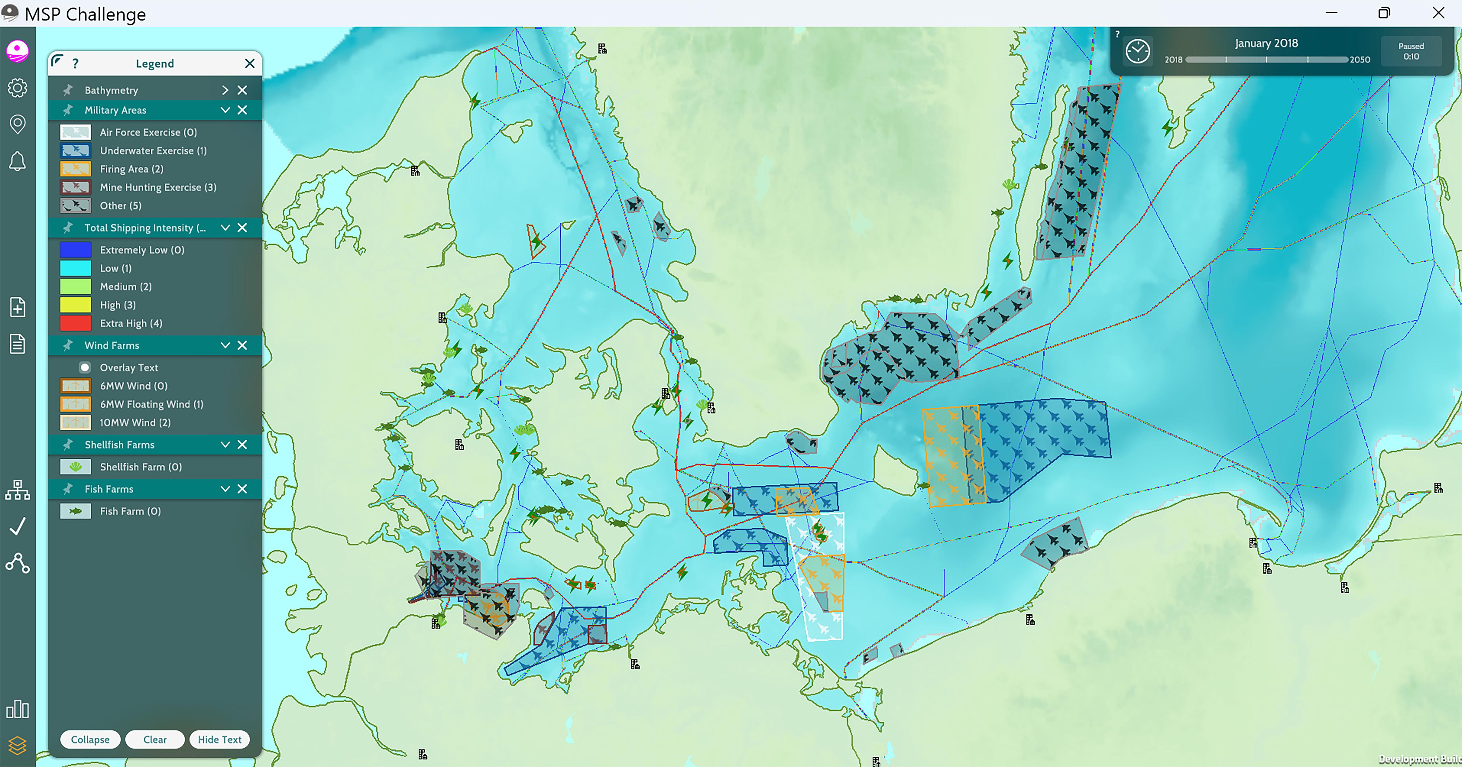 Map interface of a Maritime Spatial Planning application showing marine areas around Scandinavia and the North Sea. The map displays various overlays such as bathymetry, military areas, shipping intensity, and wind farms, with a legend on the left detailing these elements. The time slider at the top indicates January 2018.