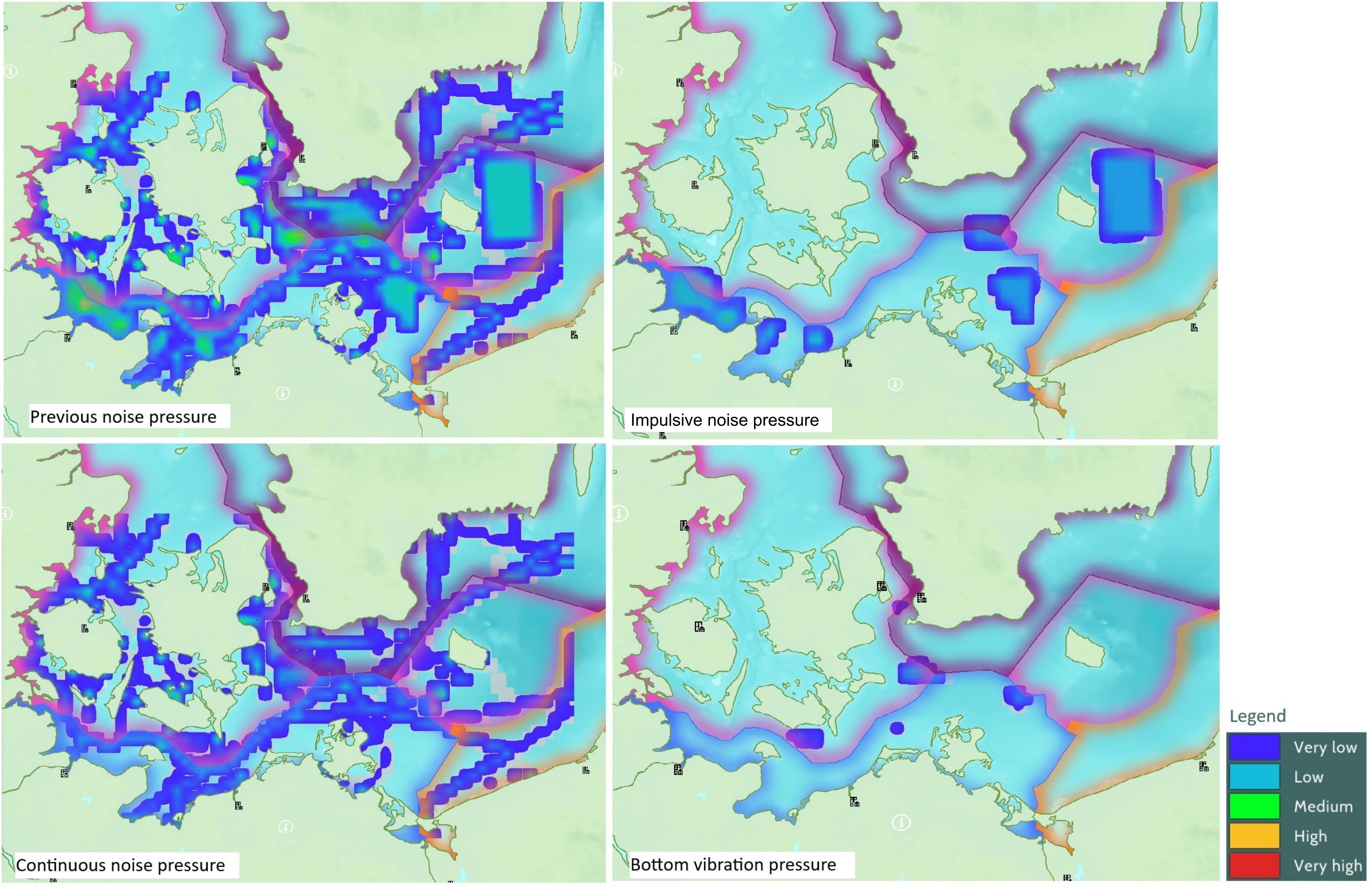 Four maps showing noise pressure types over a geographical area. Top left: Previous noise pressure. Top right: Impulsive noise pressure. Bottom left: Continuous noise pressure. Bottom right: Bottom vibration pressure. Color-coded legend indicates levels from very low (blue) to very high (red).