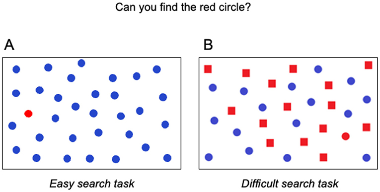 Panel A shows an easy search task with blue circles and one red circle (the target). Panel B illustrates a more difficult search task with alternating blue circles and red squares, and one red circle (the target).