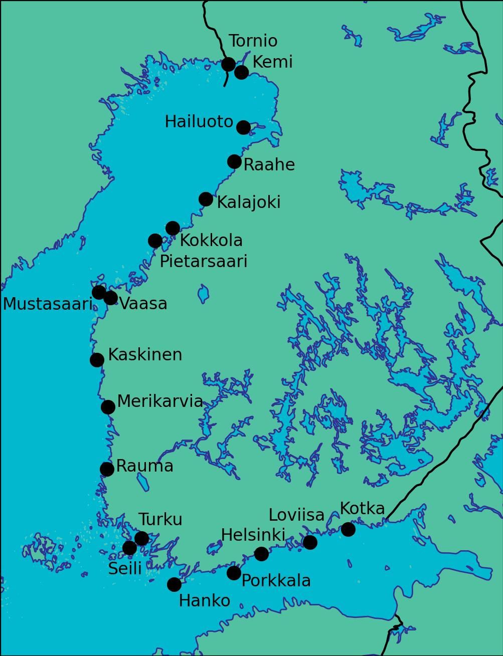 Map of Finland's coastline with 19 ice observation stations along it distributed evenly from Tornio to Kotka.