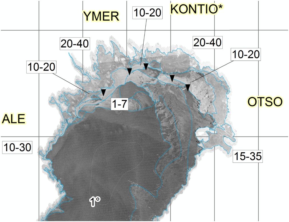 A screenshot from the ice charting tool. A black-and-white satellite image on which the ice edge has been marked with blue lines. Ice thicknesses are marked with boxes like 10-20. Black triangles symbol brash ice barrier seen in the image. Icebreakers are marked too as well as the line of 1° sea surface temperature.