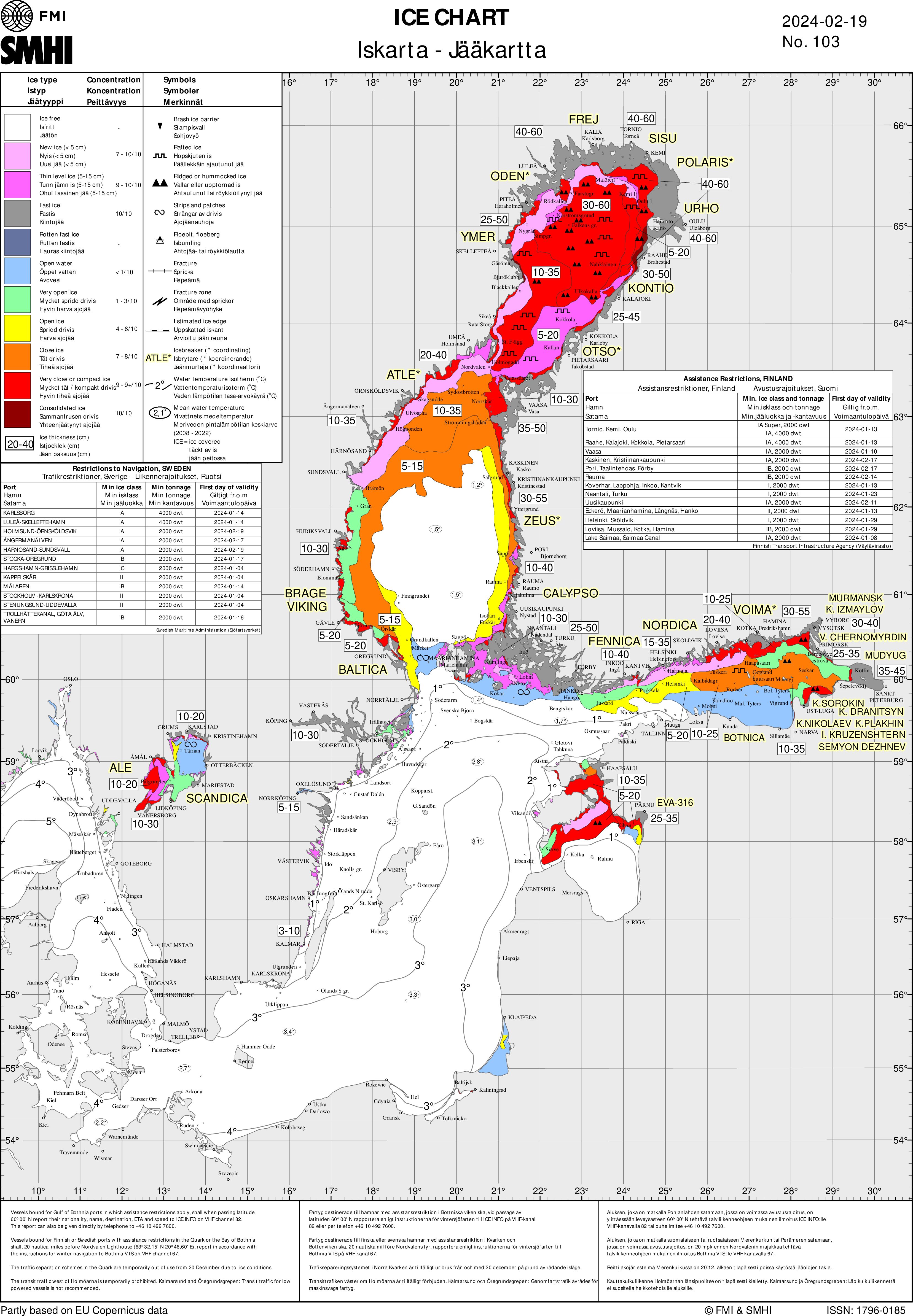 The ice chart produced by FMI and SMHI daily. It shows the Baltic Sea and Lake Vänern, where ice areas are coloured so that they present different kinds of ice. There are symbols marking ice thickness, rafted and ridged ice and icebreaker locations. Sea surface temperature is marked with isolines and there are symbols presenting the mean sea surface temperatures on that day. are Assistance restrictions in Sweden and Finland are in two tables and there are navigational instructions written below the chart.