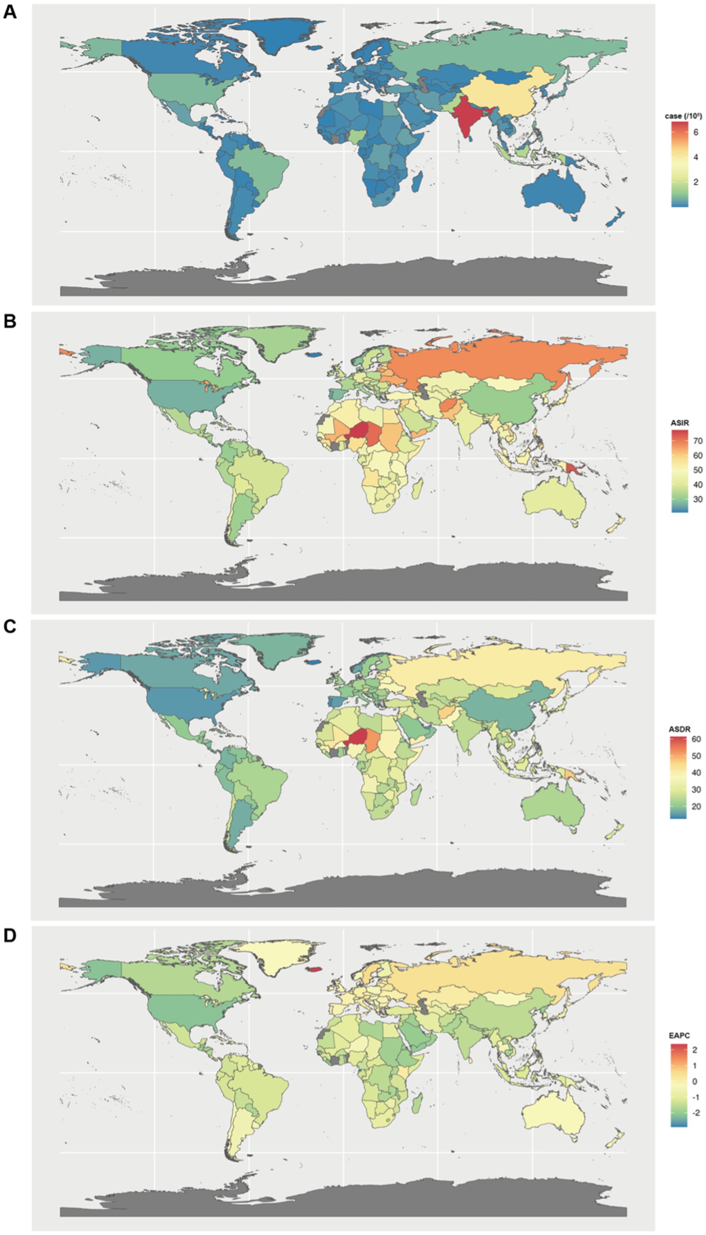 Global disease burden of endometriosis in 204 countries and territories. (A) Incident cases in 2021; (B) ASIR in 2021; (C) ASDR in 2021;(D) EAPC from 1990 to 2021. ASIR, age-standardized incidence rate; ASDR, age-standardized rate of disability-adjusted life years; EAPCs, estimated annual percentage changes. Colors range from blue (lower values) to red (higher values) across continents.