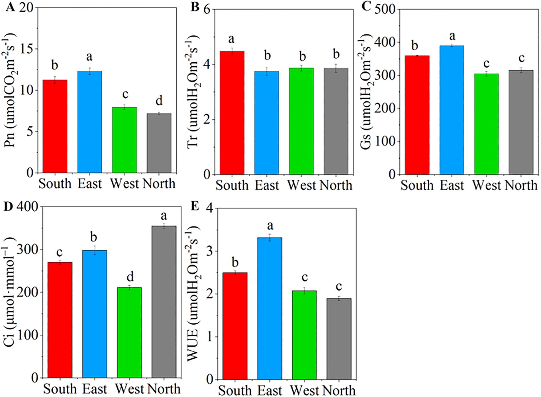 Bar graphs comparing different directions (South, East, West, North) for five variables: (A) Photosynthesis rate (Pn), (B) Transpiration rate (Tr), (C) Stomatal conductance (Gs), (D) Internal CO2 concentration (Ci), and (E) Water use efficiency (WUE). East generally shows the highest rates, while West and North have lower values. Measurement units are listed on the y-axes. Each bar is labeled with letters indicating statistical significance.