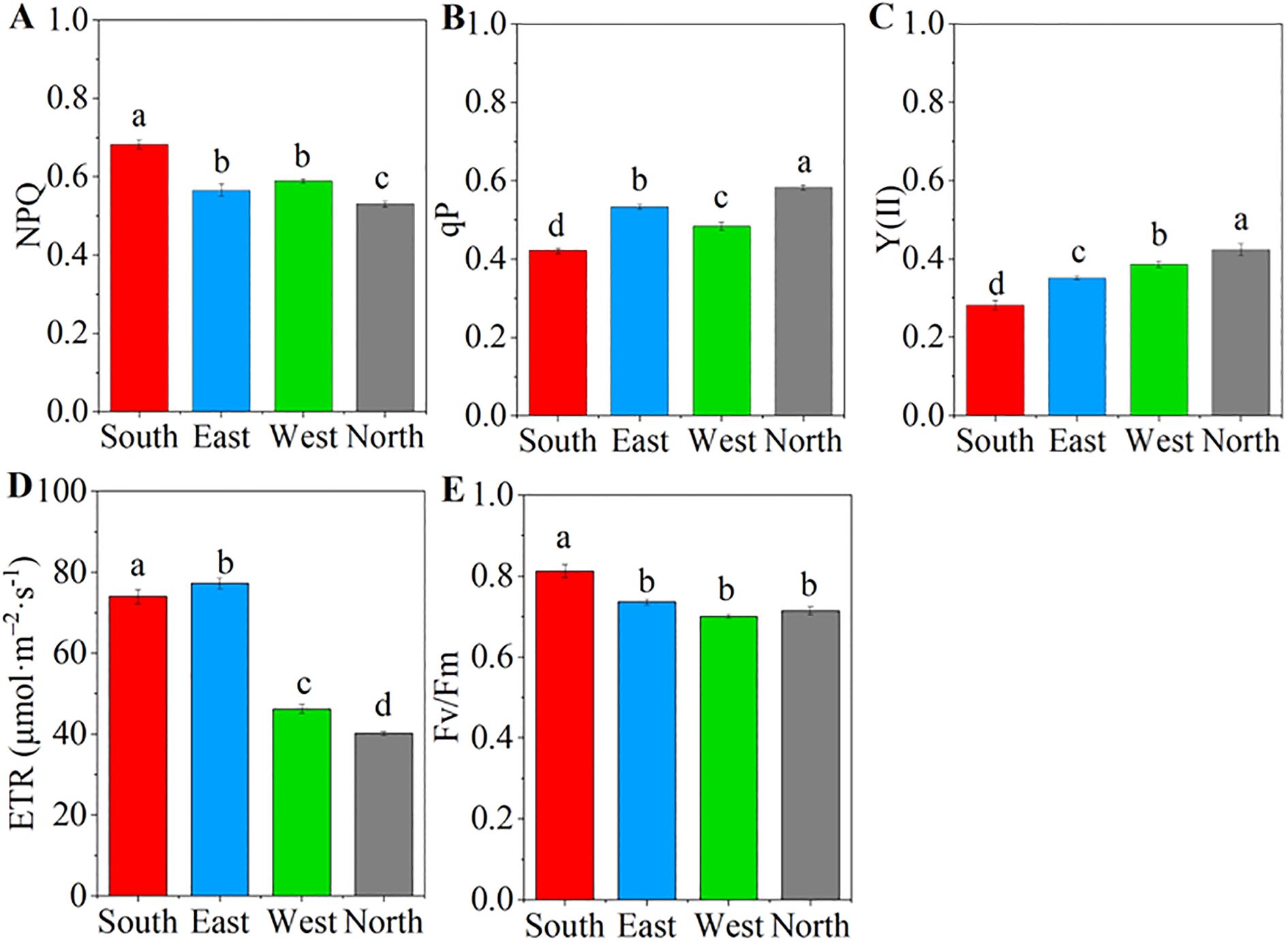 Five bar charts labeled A to E display different parameters measured across four cardinal directions: South, East, West, and North. Chart A shows NPQ highest in South. Chart B shows qP highest in North. Chart C shows Y(II) highest in North. Chart D shows ETR highest in South. Chart E shows Fv/Fm highest in South. Different colors represent each direction, and letters indicate statistical differences.