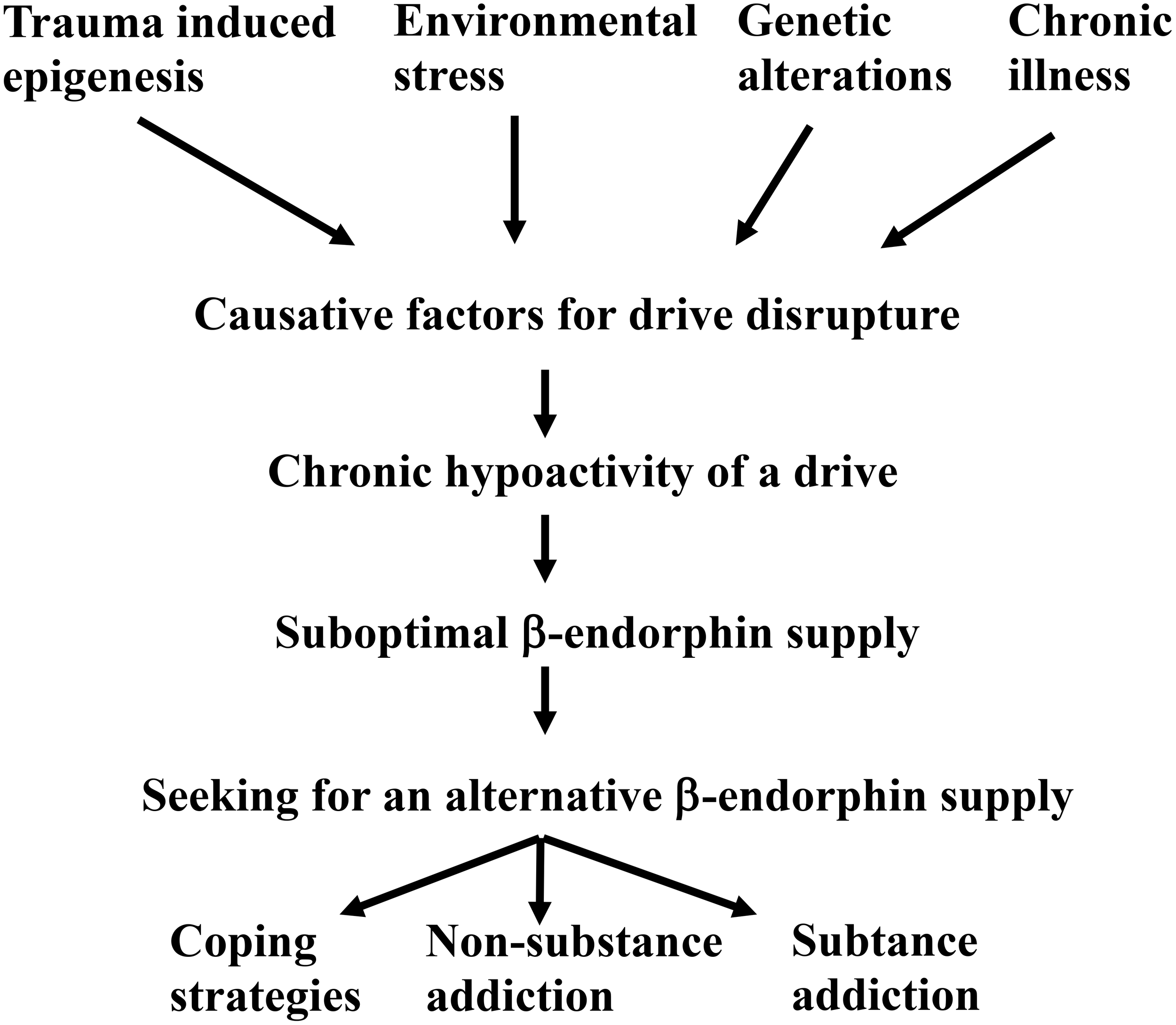 Flowchart illustrating the pathway from trauma-induced epigenesis, environmental stress, genetic alterations, and chronic illness to drive disruption. Leads to chronic hypoactivity, suboptimal beta-endorphin supply, and seeking alternatives through coping strategies, non-substance addiction, or substance addiction.