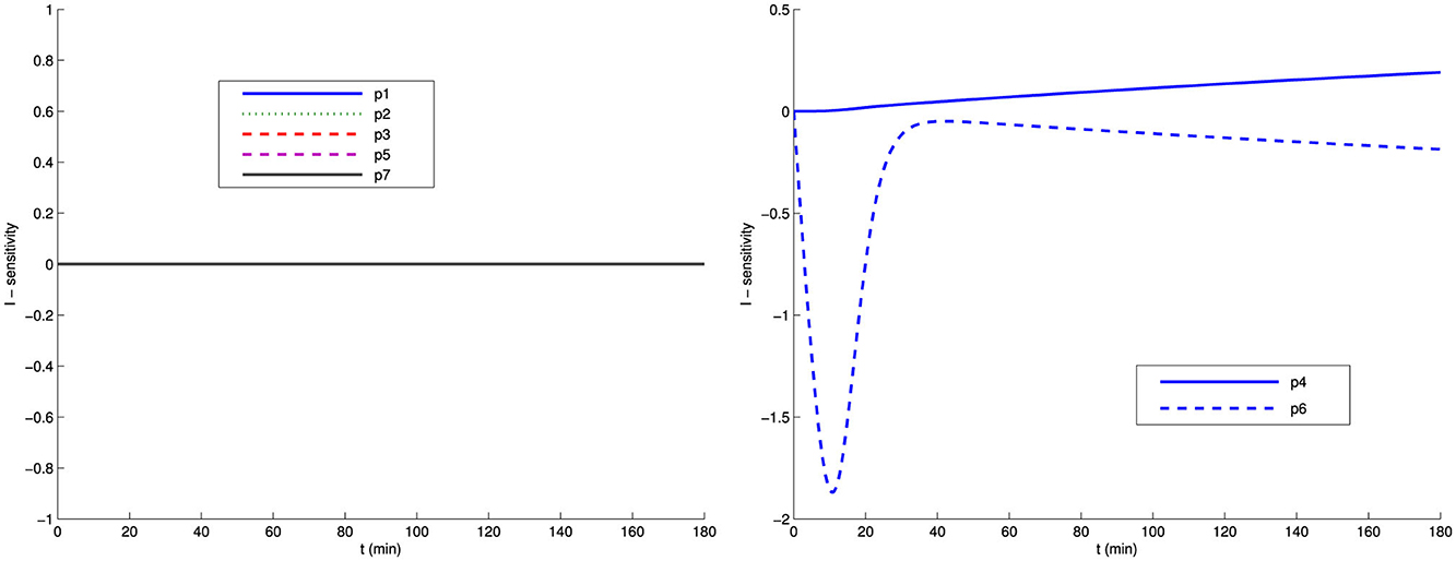 Two graphs display sensitivity over time in minutes. The left graph shows sensitivity of parameters p1, p2, p3, p5, and p7, which remain constant around zero. The right graph compares parameters p4 and p6; p4 slightly increases, while p6 starts below zero and decreases before stabilizing. Legends on each graph identify line styles for each parameter.