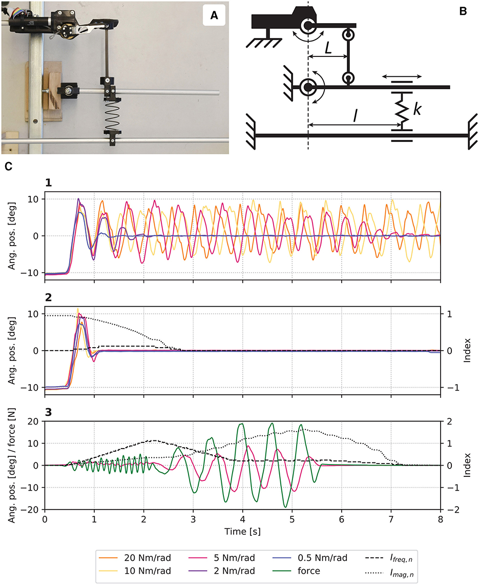 Image of the variable stiffness experiment divided into three panels. Panel A: Picture of the mechanical setup where the handle of the exoskeleton is attached to a rotating rod linked to a spring. Panel B: Diagram illustrating the same mechanical setup with labeled components: spring constant, length between spring and rotation point, and length between handle attachment point and rotation point. Panel C: Three graphs displaying angular position over time with different spring constants, showing oscillations and force responses. The graphs use different colors to indicate spring constants ranging from 0.5 to 20 Newton-meters per radian. It also shows the value of the frequency and magnitude indexes over time.
