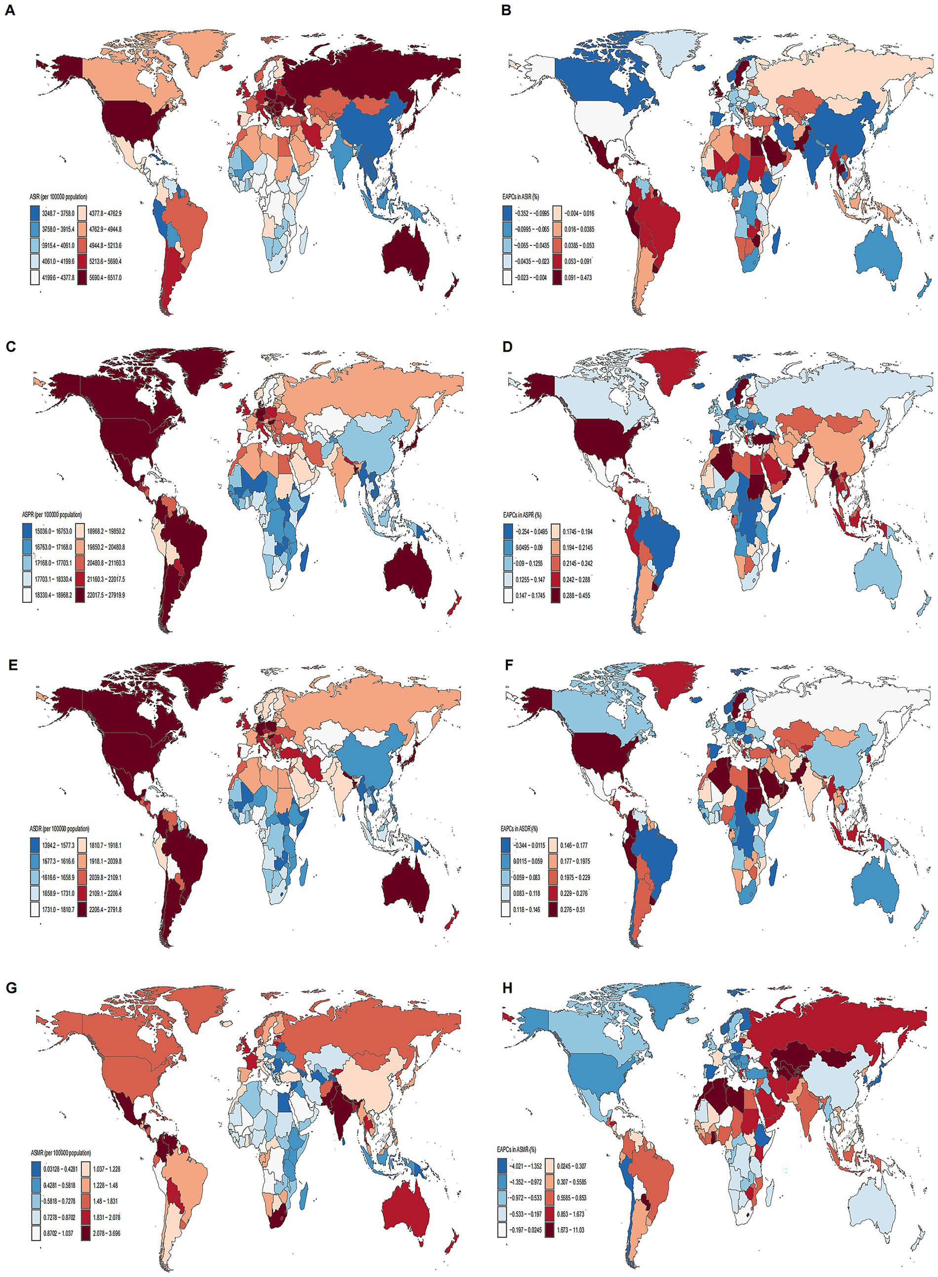 World maps in panels A to H show varying statistics related to age-standardized and expected age for both death rates and years lived. Each map uses a color gradient to display values, with reddish shades for higher values and blueish shades for lower values across different global regions. Legends for each panel indicate specific numerical ranges represented by each color.