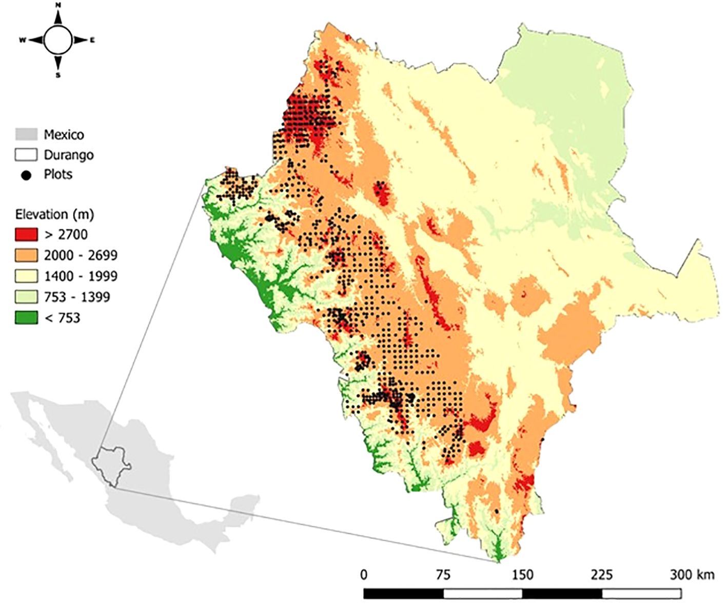 Map of Durango, Mexico, showing elevation levels with a color gradient: red for over 2700 meters, orange for 2000-2699 meters, yellow for 1400-1999 meters, light green for 753-1399 meters, and dark green for below 753 meters. Black dots indicate plots. A scale bar and compass rose are included.