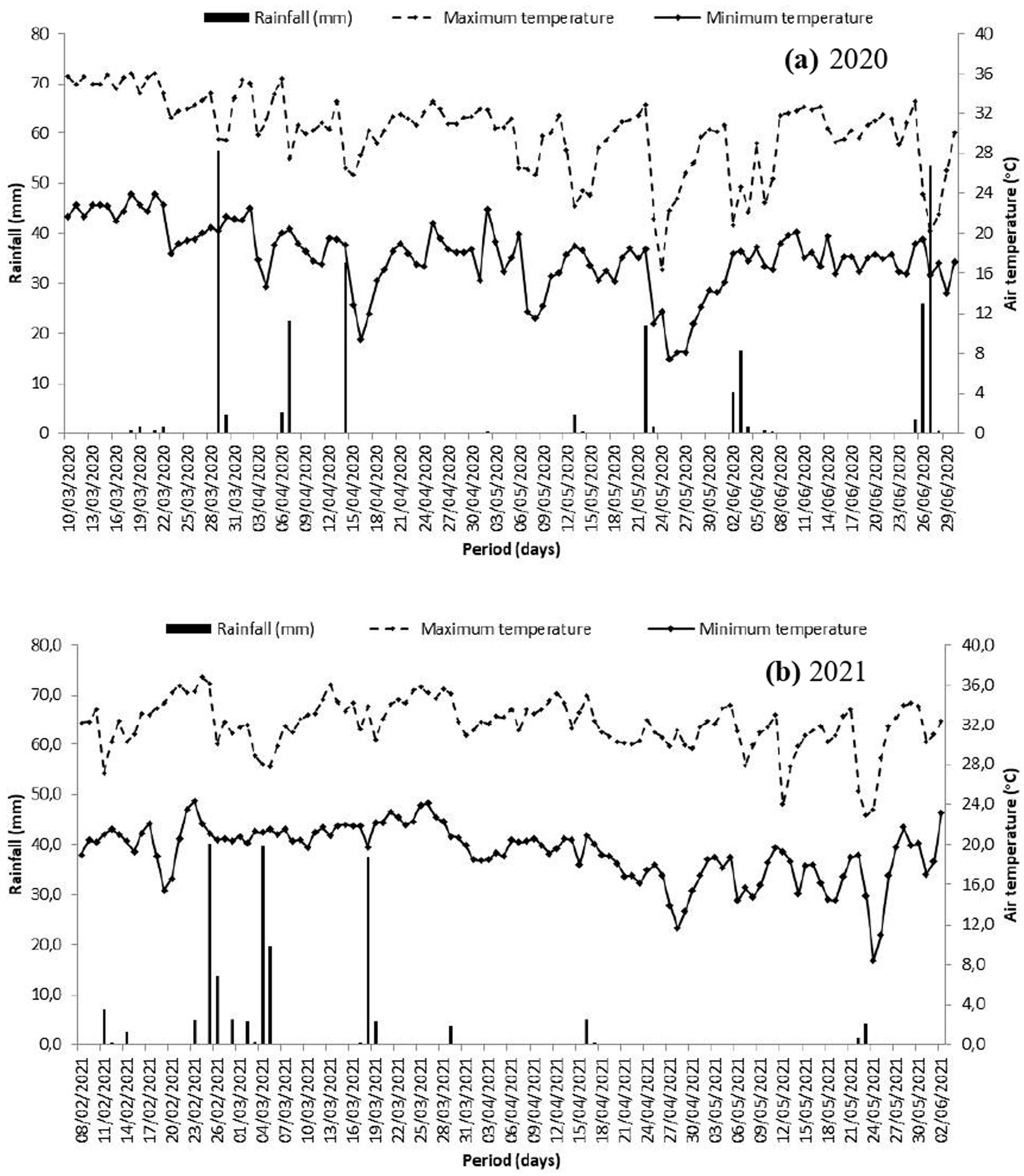 Two line graphs display rainfall and temperature data. The first graph covers March to June 2020, showing rainfall in millimeters, with maximum and minimum temperatures. The second graph presents data from February to June 2021, illustrating similar trends. Each graph has dual y-axes for rainfall and temperature, with time on the x-axis. Rainfall is shown in solid lines, maximum temperature in dashed lines, and minimum temperature in solid lines.
