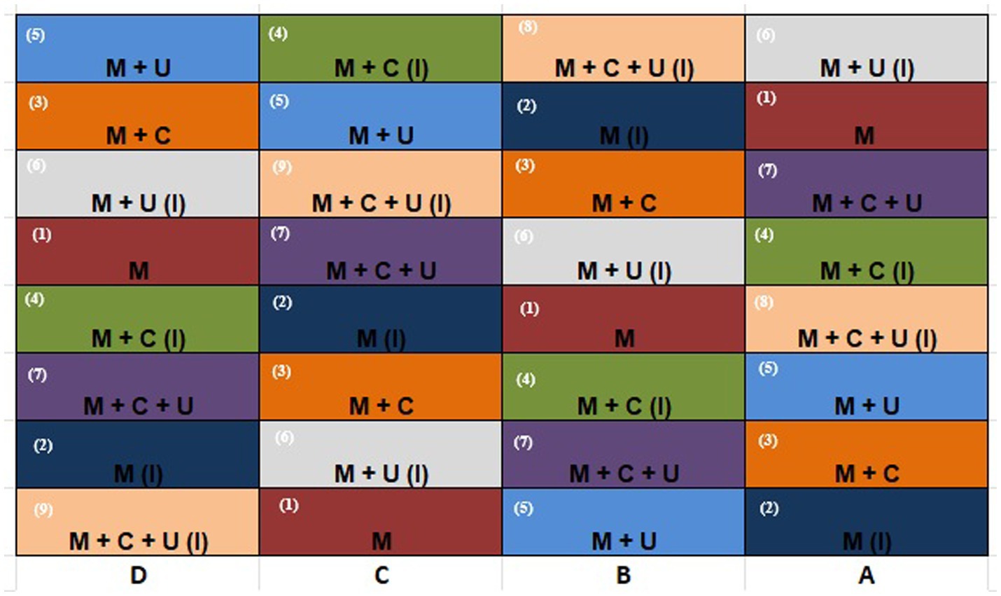 A colorful grid with five rows and four columns, each cell containing combinations of letters:
