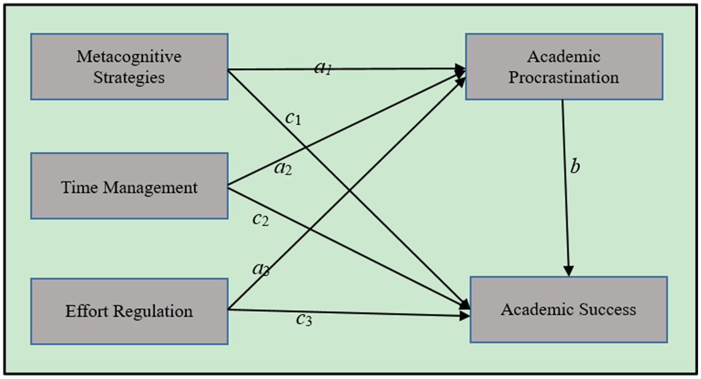 Diagram illustrating relationships between metacognitive strategies, time management, and effort regulation with academic procrastination and success. Arrows indicate influence with variables a1, a2, a3, c1, c2, c3, and b labeling the connections.