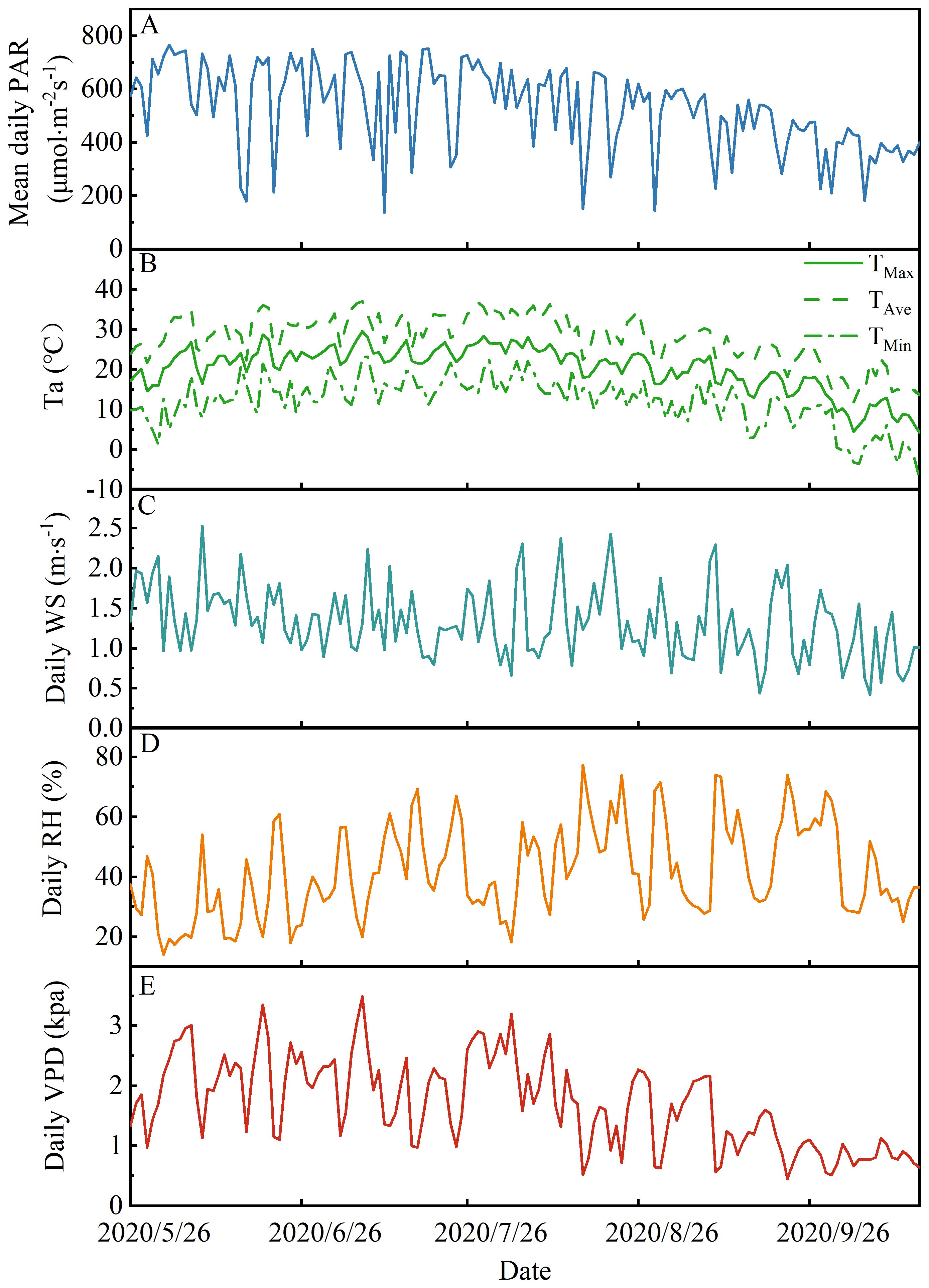 Time series graphs from May to September 2020. A: Mean daily photosynthetically active radiation, with values between 200 and 800 µmol/m²/s. B: Air temperature, showing maximum, average, and minimum lines ranging from five to forty degrees Celsius. C: Wind speed, fluctuating between zero and 2.5 meters per second. D: Relative humidity, varying between twenty and eighty percent. E: Vapor pressure deficit, ranging from zero to three kilopascals.