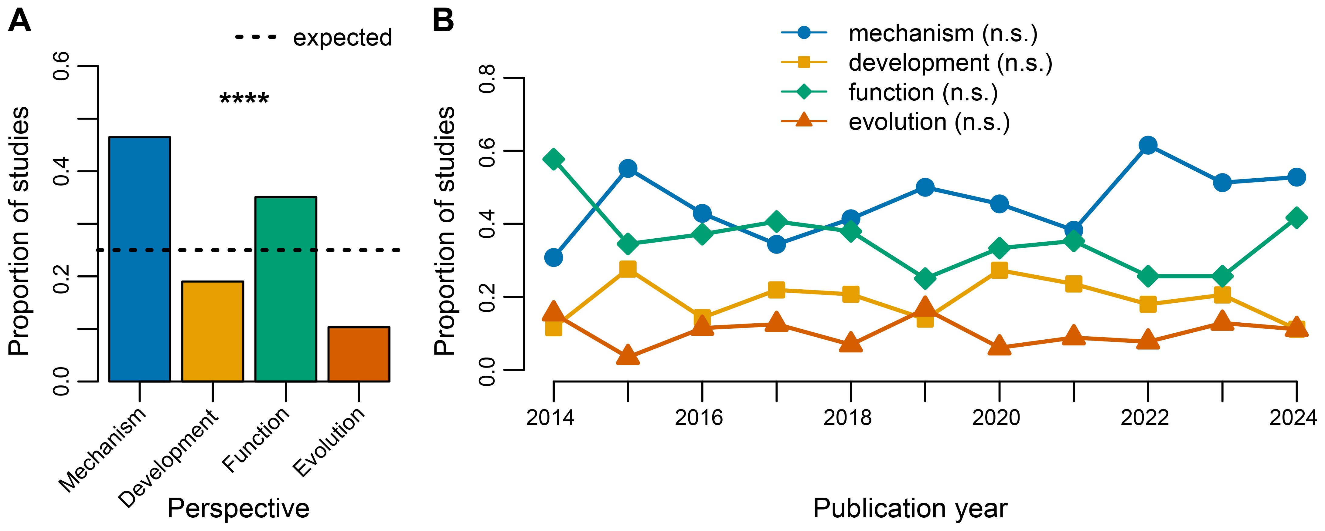 Chart A is a bar graph showing the proportion of studies by perspective: mechanism, development, function, and evolution. The proportion of mechanism and function studies are higher than expected, while the proportion of development and evolution studies are lower than expected. Chart B is a line graph showing the proportion of studies across years from 2014 to 2024 for the same four perspectives. Across publication years, the proportion of mechanism studies are generally higher than other perspectives, while the proportion of evolution studies are generally lower.