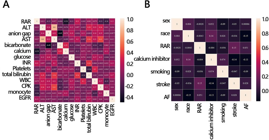 Heatmaps labeled A and B showing correlation matrices. A displays correlations among biochemical markers like RAR, ALT, and glucose. B shows correlations among demographic and clinical factors such as sex, race, and smoking. Color scales indicate correlation strength from -1 to 1, with distinct color gradients.