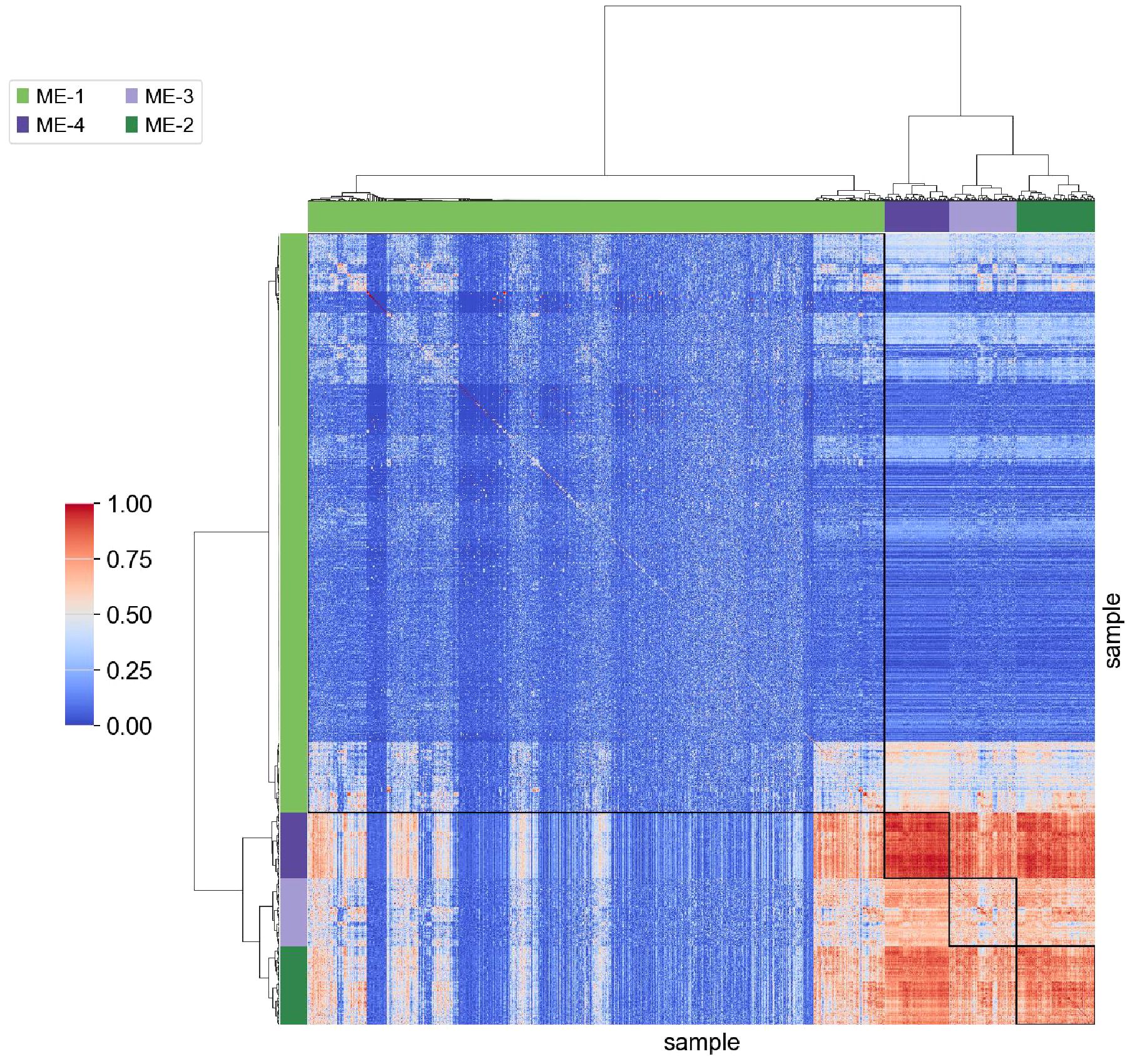 Heatmap showing hierarchical clustering of samples based on correlation values. The intensity scale ranges from blue (0.00) to red (1.00). Different clusters are indicated with shaded colors: ME-1 (light green), ME-2 (dark purple), ME-3 (light purple), and ME-4 (indigo).