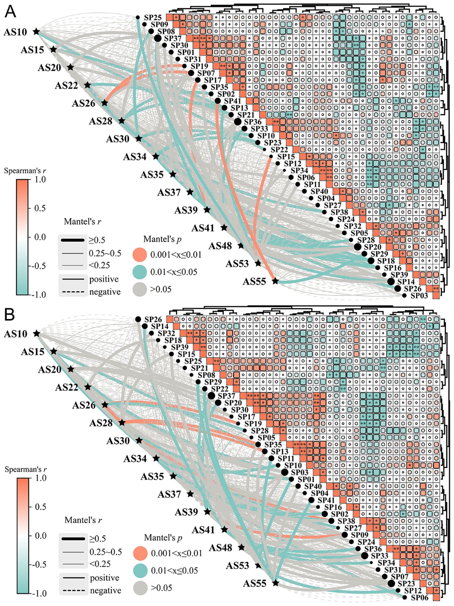 Correlation heatmaps depicting relationships among variables in panels A and B. Color gradient ranges from red to teal, indicating Spearman's rank correlation coefficients from positive to negative. Line thickness represents Mantel's r values, and line color shows Mantel's p values with significance levels. Variables are labeled along the matrix, highlighting patterns and interactions.