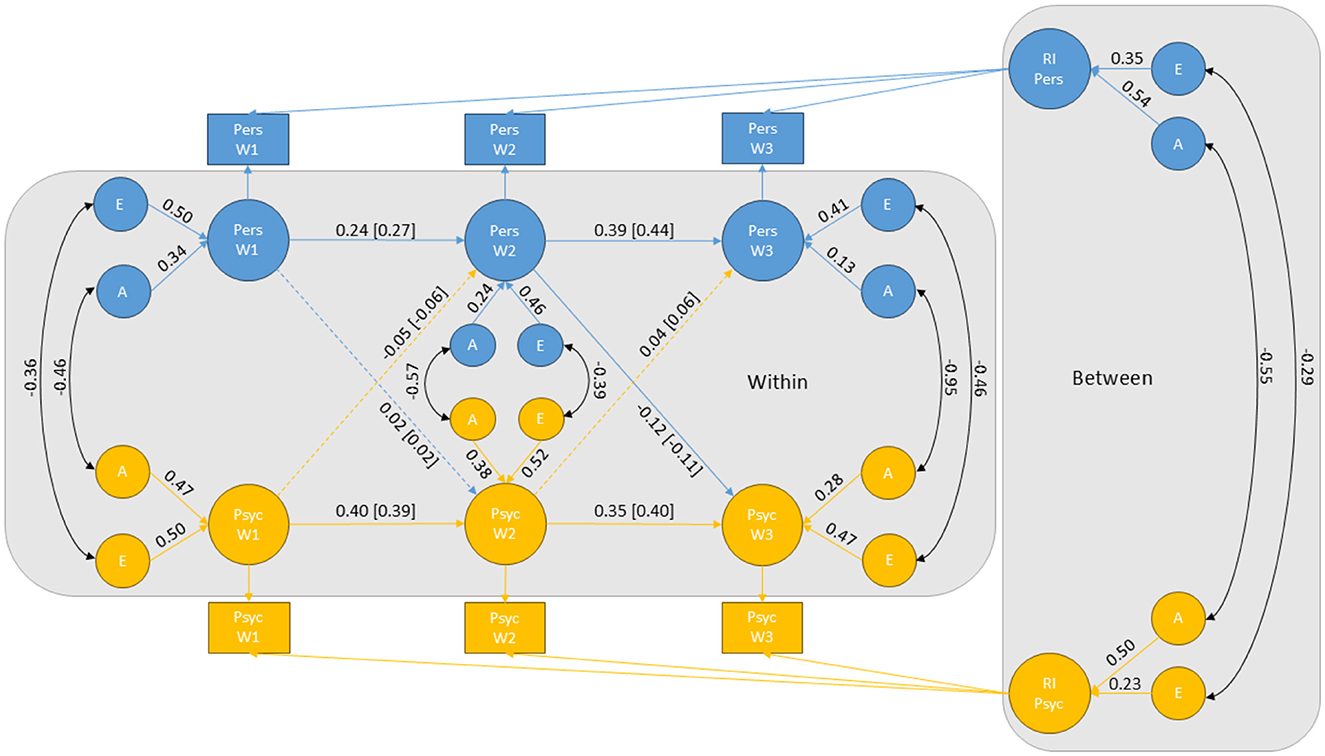 Structural equation model diagram showing relationships between variables categorized as “Within” and “Between”. Blue circles represent “Pers” and “E” variables, while yellow circles represent “Psyc” and “A” variables. Arrows indicate the direction and strength of relationships, labeled with numerical values. The “Within” section includes paths among Pers W1, W2, W3, and Psyc W1, W2, W3. The “Between” section connects RI Pers and RI Psyc. Values next to arrows signify correlation strengths.