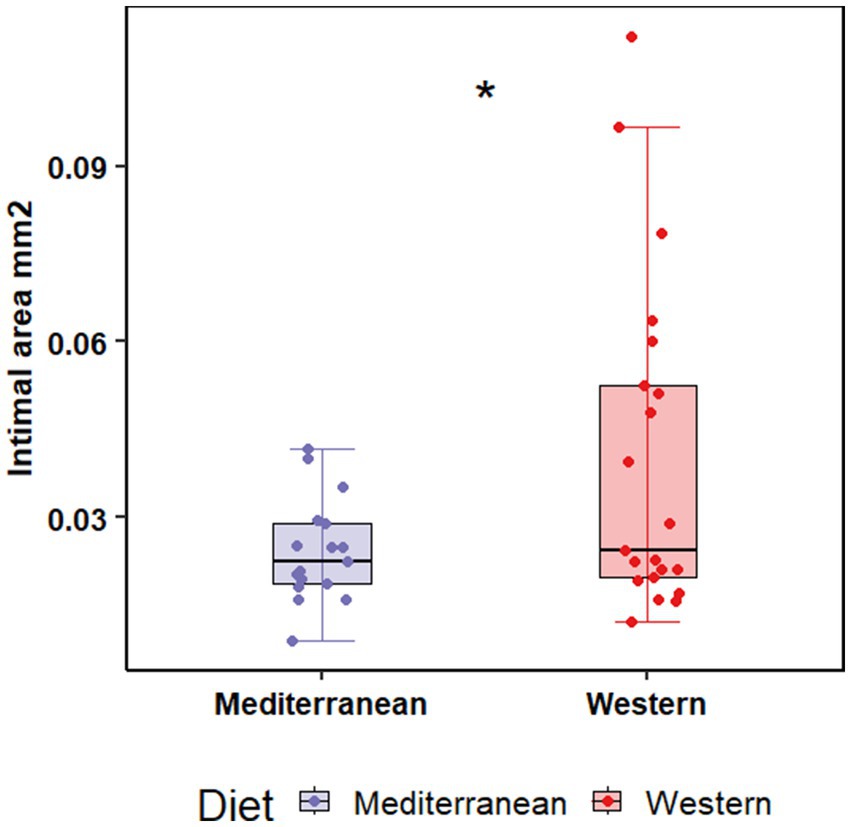 Box plot comparing intimal area in square millimeters between Mediterranean and Western diets. Mediterranean diet shows lower intimal area, with a smaller spread. Western diet has higher values and greater variability. Statistical significance is indicated by an asterisk.