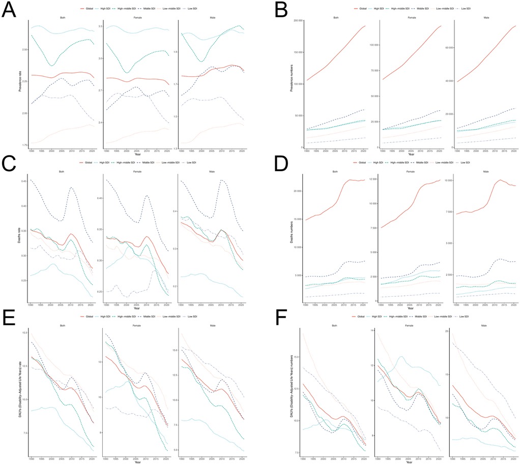 Six panels labeled A to F display line graphs comparing global trends and sex-specific patterns for different socioeconomic index (SDI) categories from 1990 to 2019. Panels A, C, E illustrate prevalence rate, death rate, and Disability-Adjusted Life Years (DALYs) rate, respectively, showing fluctuations and declines over time. Panels B, D, F depict absolute numbers for prevalence, deaths, and DALYs indicating a general increase. Each panel is divided into both sexes, female, and male categories, with lines color-coded for global, high, high-middle, middle, and low SDI groups.