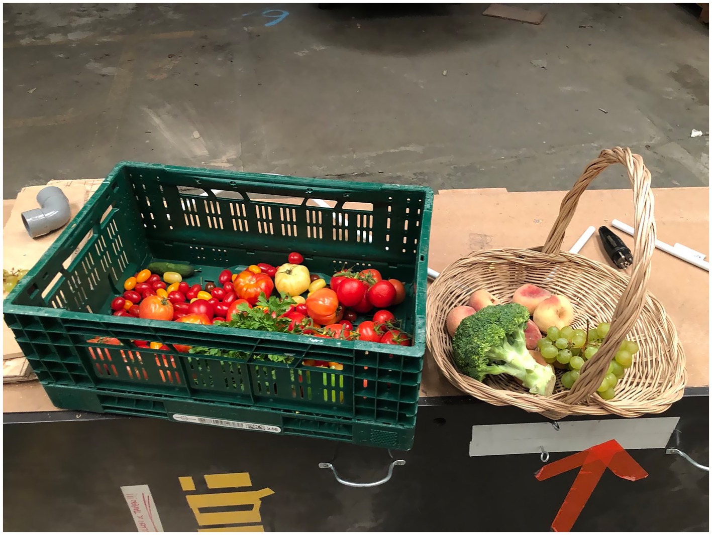 Picture of a green plastic crate and a wicker basket filled with a variety of vegetables and fruits. This is the first author's share of the food that would otherwise be thrown away by an organic supermarket. Everyone in the cooperative can have a share like this.