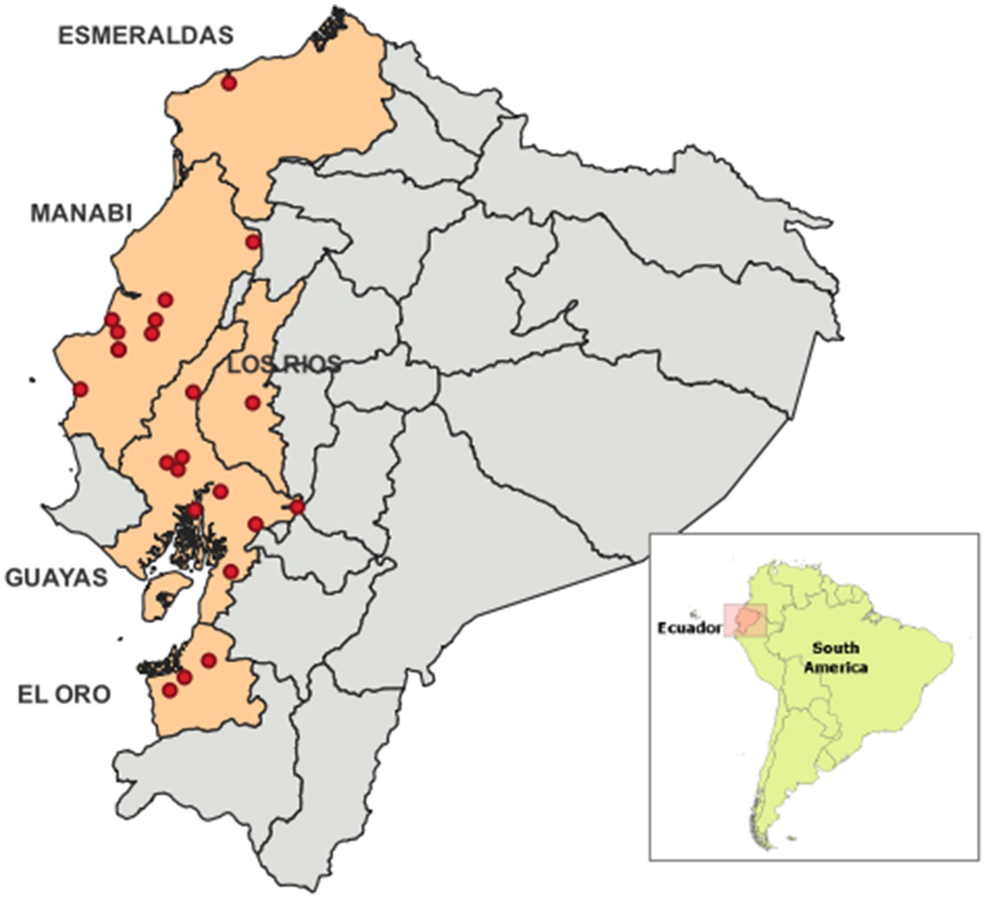 Map of Ecuador highlighting the provinces of Esmeraldas, Manabi, Los Rios, Guayas, and El Oro in orange. Red dots indicate specific locations within these provinces. An inset shows Ecuador's location in South America.
