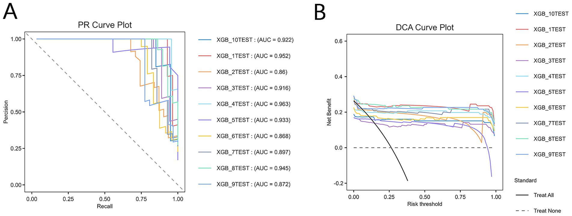 Panel A displays a Precision-Recall (PR) curve with multiple models labeled XGB_TEST and corresponding AUC values, showing precision versus recall. Panel B presents a Decision Curve Analysis (DCA) plot with different XGB_TEST models, comparing net benefit versus risk threshold. Both plots include legends identifying model lines by color.