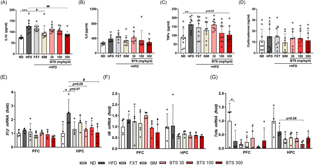 Seven bar graphs labeled A to G compare the effects of different treatments on inflammatory markers. Each graph displays results across several groups: normal diet (ND), high-fat diet (HFD), fluoxetine (FXT), simvastatin (SIM), and BTS at doses of 30, 100, and 300 mg/kg/day. Graphs A to D show plasma levels of IL-1β, IL-6, TNF-α, and corticosterone, respectively, while E to G display mRNA expression levels of Il1b, Il6, and Tnfa in the PFC and HPC measured by qPCR. Significant differences are marked with asterisks or p-values. Error bars indicate variability, and dots represent individual data points.