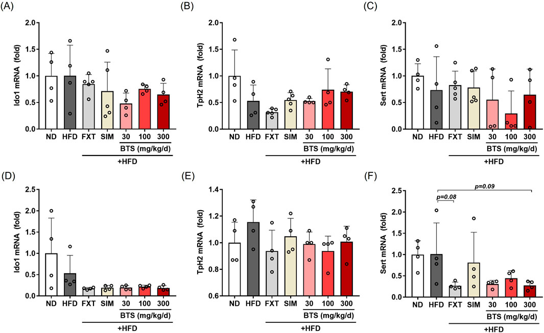 Six bar graphs show mRNA expression of 5-HT signaling genes (Ido1, Tph2, Sert) in various experimental groups, including normal diet (ND), high-fat diet (HFD), fluoxetine (FXT), simvastatin (SIM), and BTS at 30, 100, and 300 mg/kg/day with a high-fat diet. Panel A-C show PFC results; panel D-F show HPC results. Expression normalized to GAPDH relative to ND. Bars display means ± SD with individual data points. Error bars and annotations indicate variability and statistical significance.