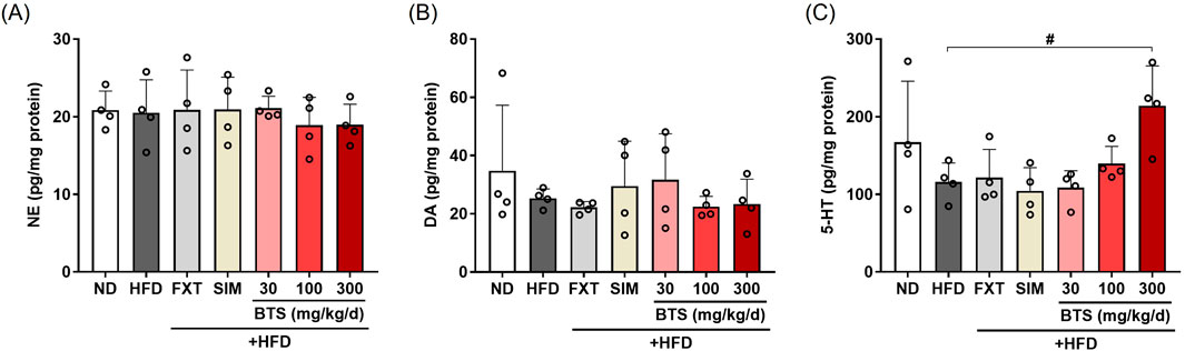 Bar graphs labeled A, B, and C depict concentrations of norepinephrine (NE), dopamine (DA), and serotonin (5-HT) in the brains of mice with various experimental groups, including normal diet (ND), high-fat diet (HFD), fluoxetine (FXT), simvastatin (SIM), and BTS at 30, 100, and 300 mg/kg/day with a high-fat diet. Each bar includes mean values with error bars, and individual data points are marked.