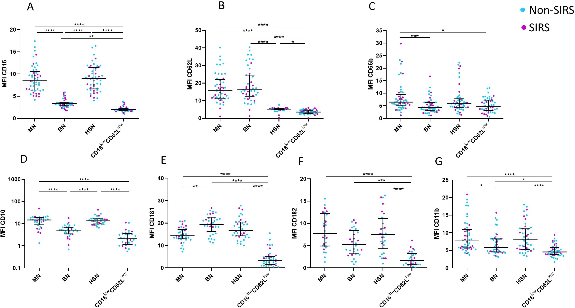 Seven dot plots labeled A to G compare median fluorescence intensity (MFI) of different proteins (CD16, CD62L, CD66b, CD10, CD181, CD182, CD11b) across four cell groups (MN, BN, HSN, CD16 low CD62L low). Data points for Non-SIRS (cyan) and SIRS (purple) are shown. Statistical significance is indicated with asterisks, where more asterisks denote higher significance levels.