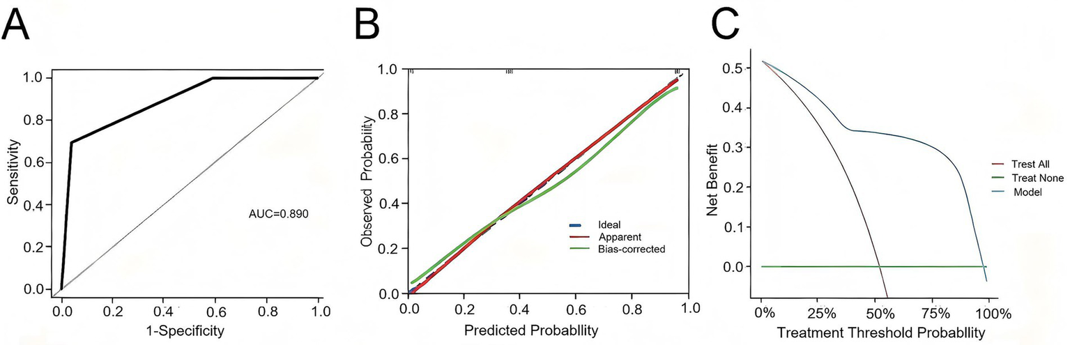 Panel A shows a receiver operating characteristic (ROC) curve with an area under the curve (AUC) of 0.890, illustrating model discrimination. Panel B presents a calibration plot including ideal, apparent, and bias-corrected prediction lines. Panel C displays a decision curve, depicting net benefit for treat all, treat none, and model strategies across treatment threshold probabilities.