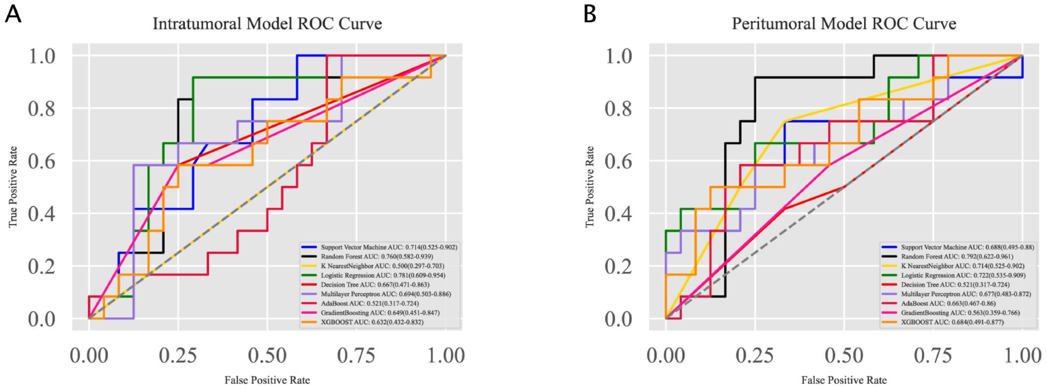 Two ROC curve graphs are shown. Graph A, labeled “Intratumoral Model ROC Curve”, and Graph B, labeled “Peritumoral Model ROC Curve”, both plot True Positive Rate against False Positive Rate. Different colored lines represent various machine learning models, including Support Vector Machine, Random Forest, K Nearest Neighbor, Logistic Regression, Decision Tree, Multilayer Perceptron, AdaBoost, Gradient Boosting, and XGBoost. The Area Under the Curve (AUC) values for each model are indicated in the legend, showing performance comparisons.