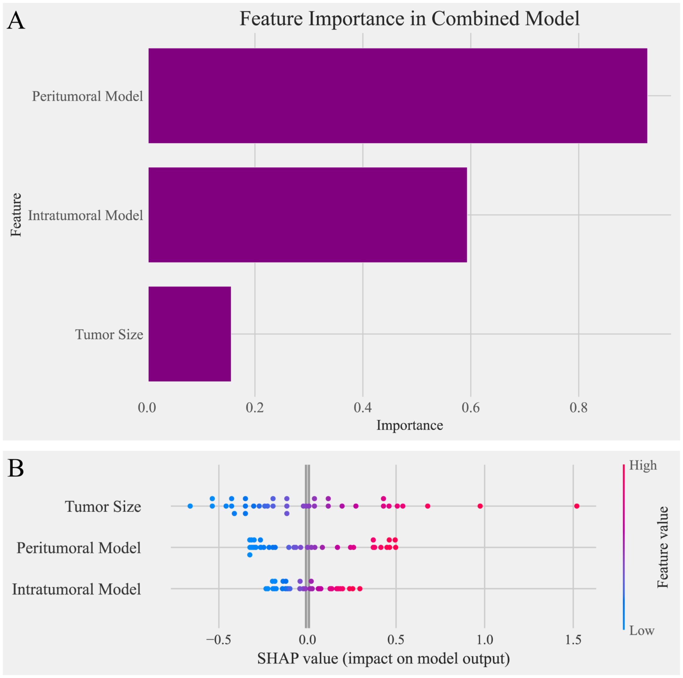 Panel A is a horizontal bar chart showing feature importance in a combined model. The Peritumoral Model has the highest importance, followed by the Intratumoral Model and Tumor Size. Panel B is a scatter plot illustrating SHAP values, indicating the impact on the model output. Tumor Size, Peritumoral Model, and Intratumoral Model features are shown with color gradients from blue (low) to red (high).