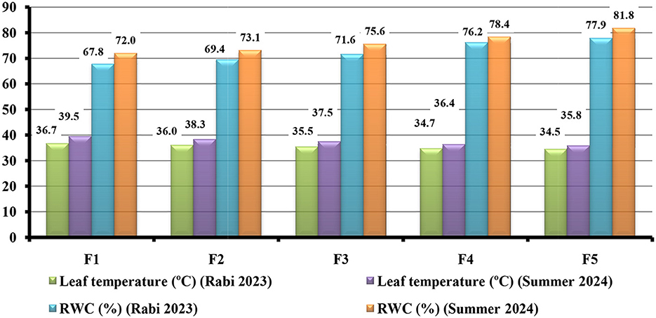 Bar chart illustrating leaf temperature and relative water content (RWC) across five plots (F1 to F5) for Rabi 2023 and Summer 2024. Leaf temperatures are represented in green (Rabi 2023) and purple (Summer 2024), while RWCs are represented in blue (Rabi 2023) and orange (Summer 2024). Each plot shows increased values from Rabi 2023 to Summer 2024, with F5 displaying the highest summer values: 77.9°C and 81.8% RWC.
