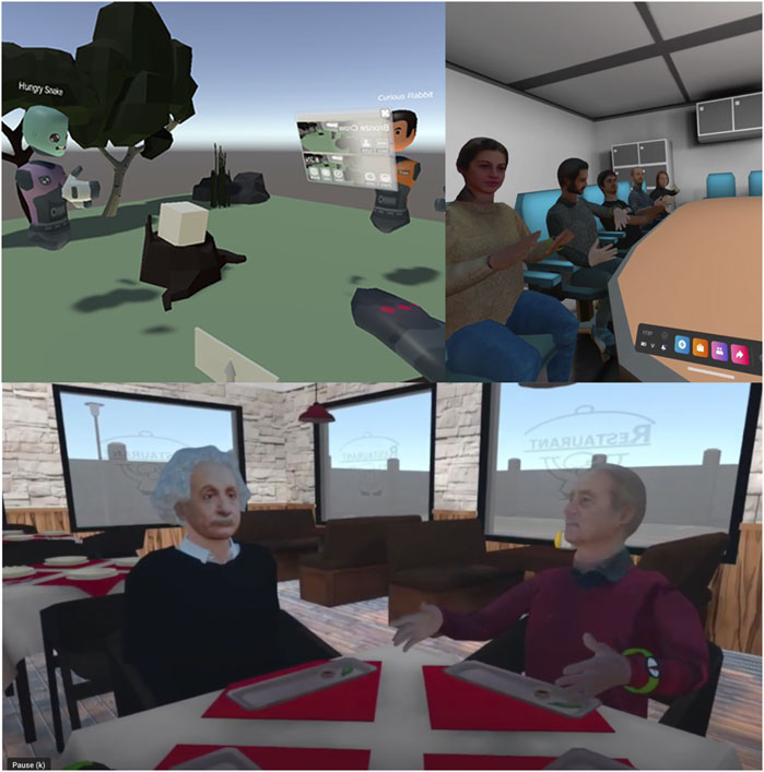 Top left, a virtual reality environment with avatars interacting near trees and a screen. Top right, several people sit in a classroom setting wearing VR headsets. Bottom, two virtual avatars resembling historical figures are seated at a restaurant table, engaging in conversation.