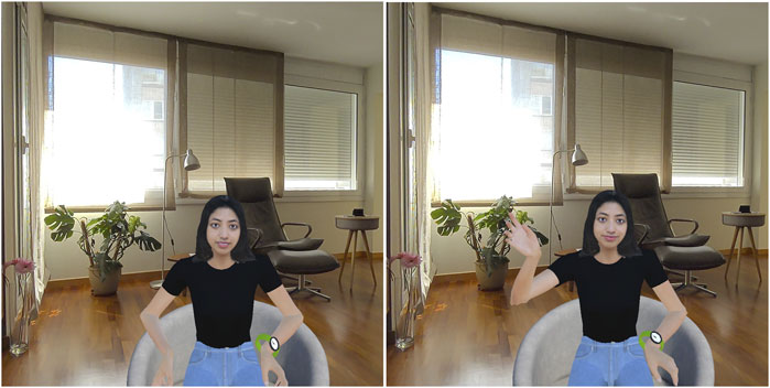Two-panel image of a woman sitting in a modern living room. In the left panel, she sits with her arms down. In the right panel, she raises her right hand. Both panels feature wooden floors, a large window with blinds, a plant, a standing lamp, and a brown chair.