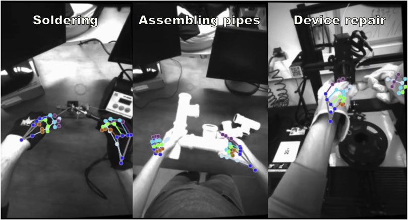 A person wearing specialized goggles is seated in a room surrounded by equipment on tripods. The setup appears to involve cameras or sensors, possibly for motion capture or virtual reality. The room contains desks, computers, and other miscellaneous equipment.