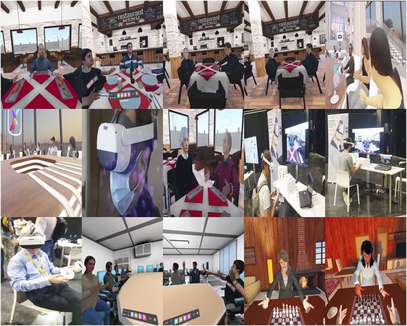 A collage of images depicting virtual and augmented reality scenarios in various environments. People are seen wearing VR headsets in diverse settings, such as a restaurant, an office, and a gaming area. Some images show virtual diners at tables, others highlight individuals immersed in virtual experiences. There are also scenes of people operating VR equipment in an event space, interacting with digital interfaces, and a virtual chess game.